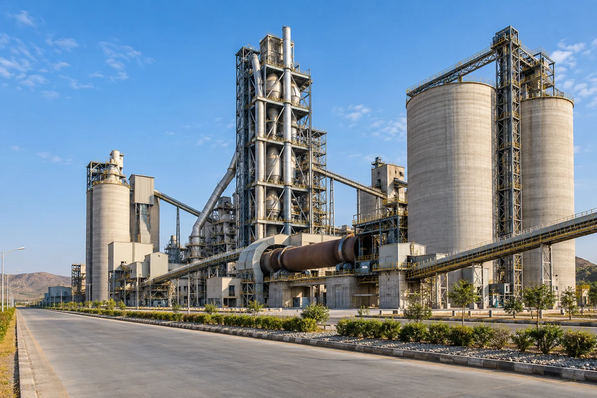 Cement processing plant with rotary kiln silos and conveyor galleries