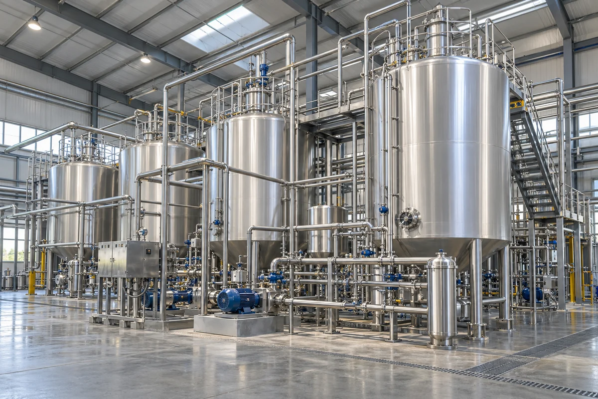 Stainless steel process tanks pumps and pipework in an edible oil plant