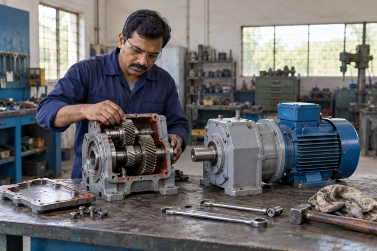 Technician inspecting an open gearbox beside an industrial gear motor assembly