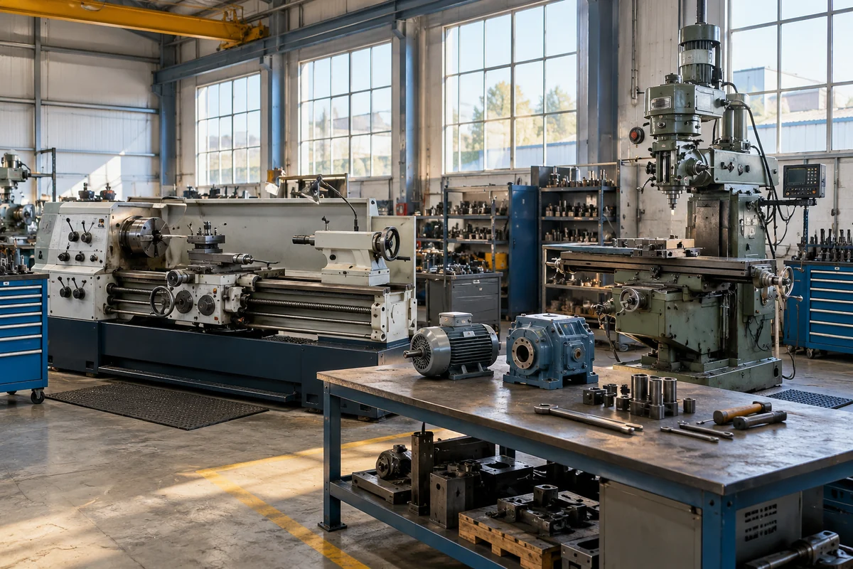 Industrial lathe milling machine and gearbox workbench in an engineering workshop