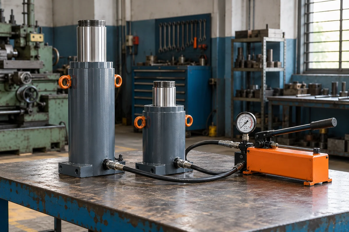 Hydraulic lifting cylinders and hand pump arranged on a workshop bench