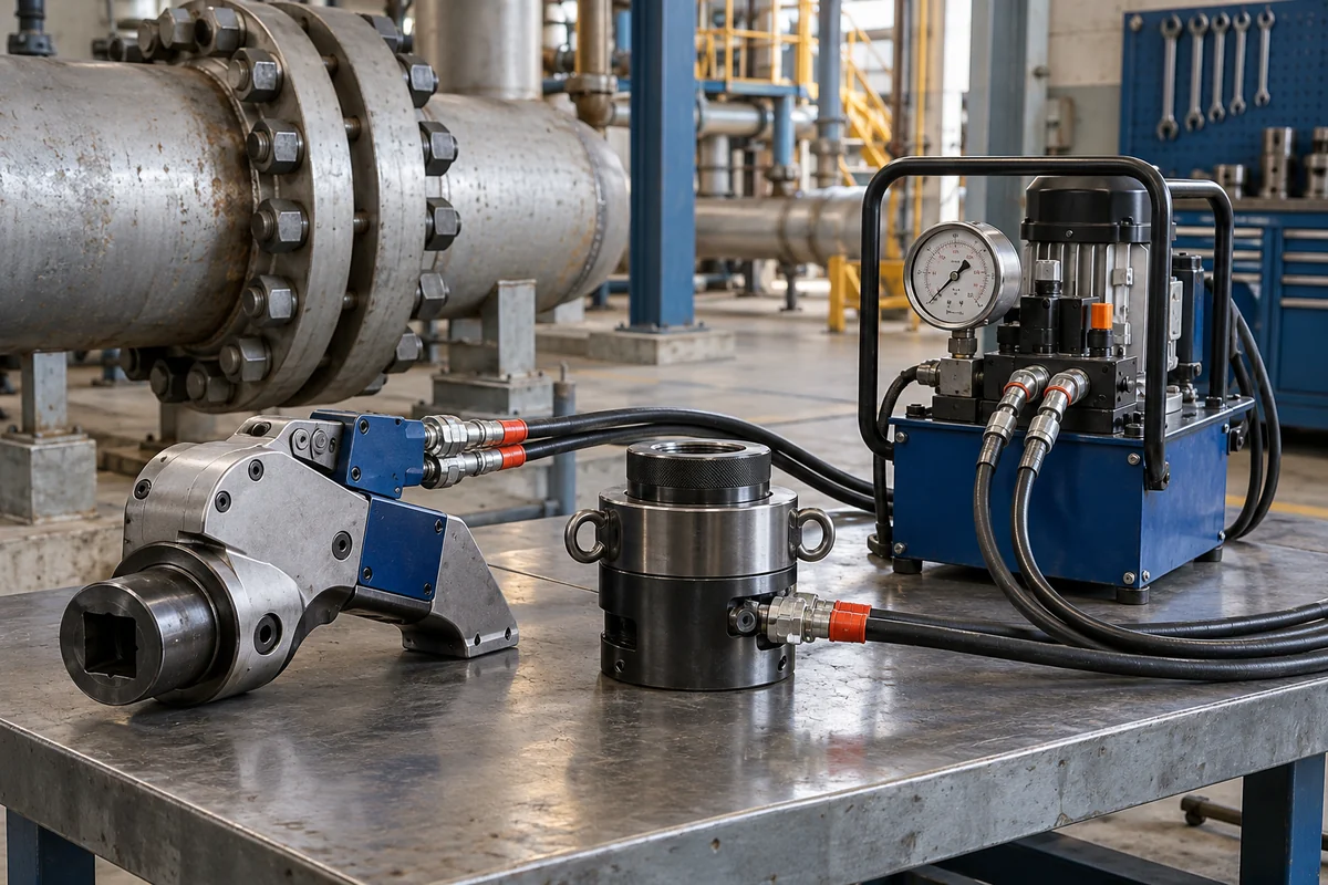 Hydraulic torque wrench bolt tensioner and pump for industrial bolting
