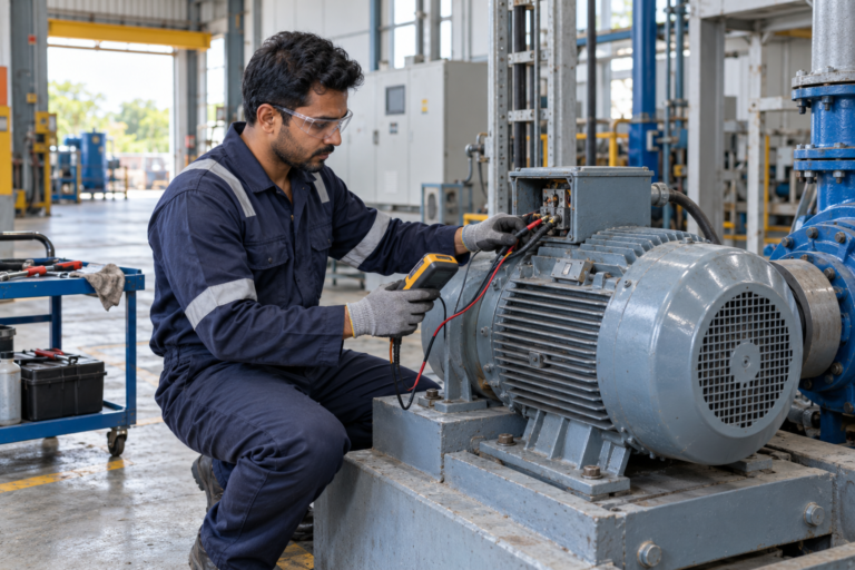 Engineer inspecting an isolated industrial motor in a factory maintenance bay