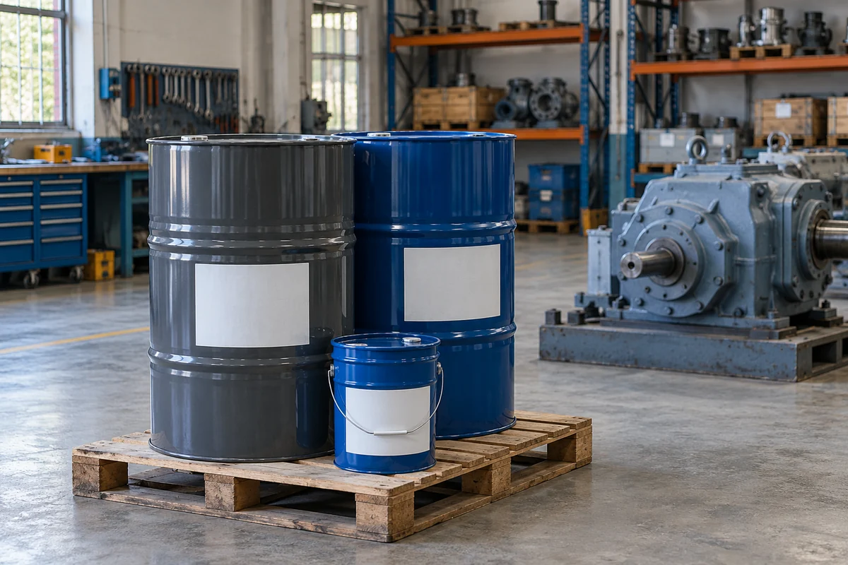 Industrial oil drums and a sealed lubricant pail in a maintenance storeroom