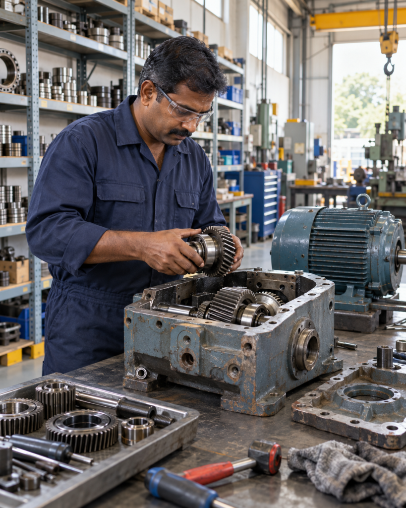 Technician working on a gearbox beside an electric motor in an industrial workshop