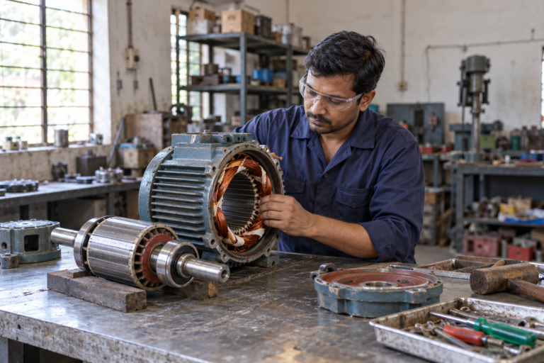 Technician inspecting copper stator windings and the rotor of a disassembled industrial motor