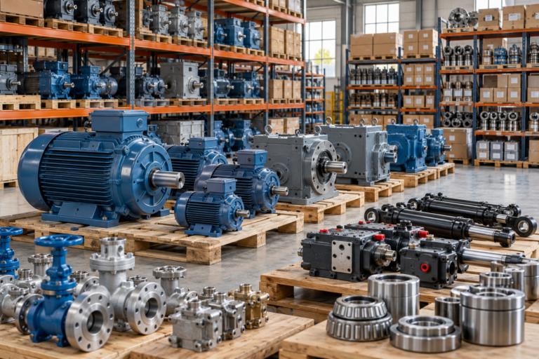 Industrial motors, gearboxes, valves and hydraulic tools in an organised warehouse