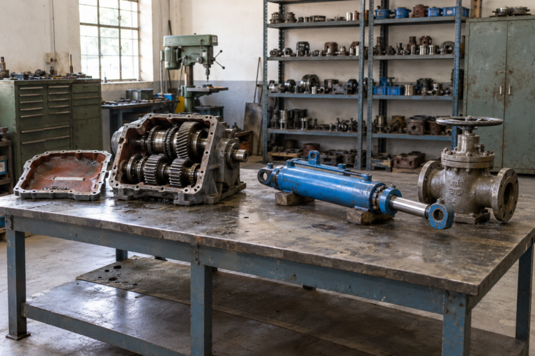Open gearbox, hydraulic cylinder and industrial valve on a workshop bench