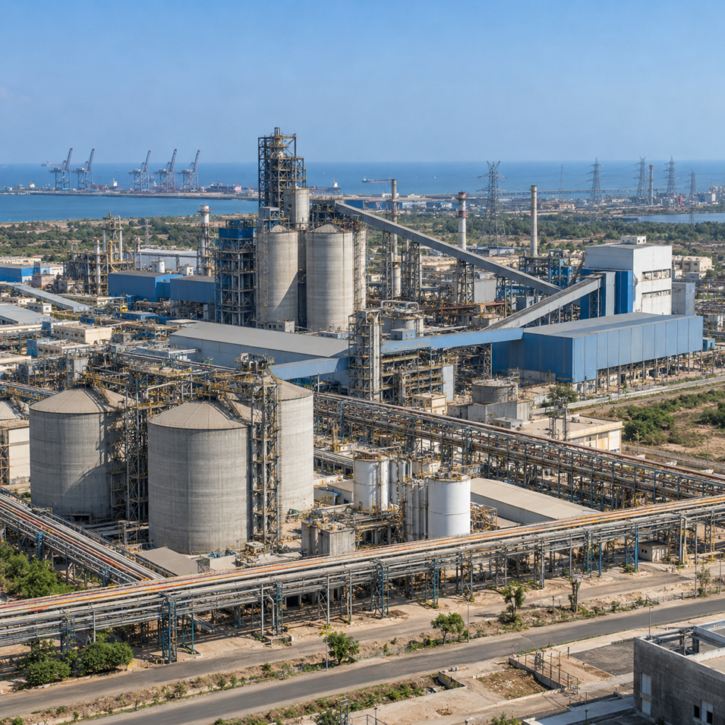 Industrial plant with factory halls, silos, pipework and port infrastructure