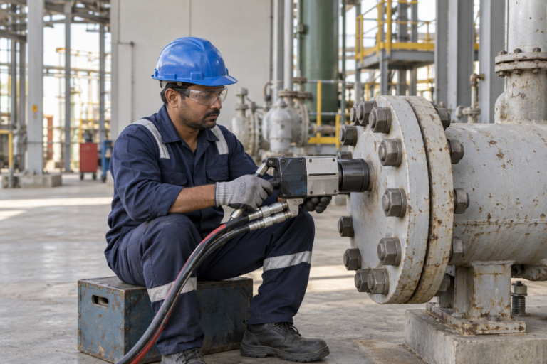 Engineer using a hydraulic torque wrench with the full helmet and equipment visible