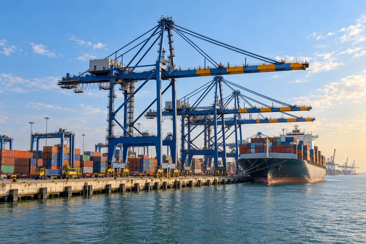 Container cranes cargo ship and quayside at a commercial port