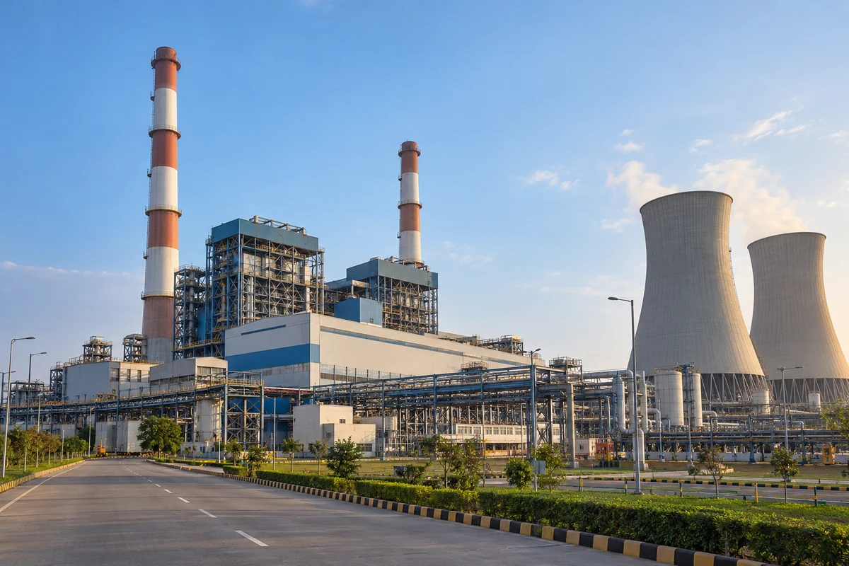 Thermal power generation plant with cooling towers and turbine hall