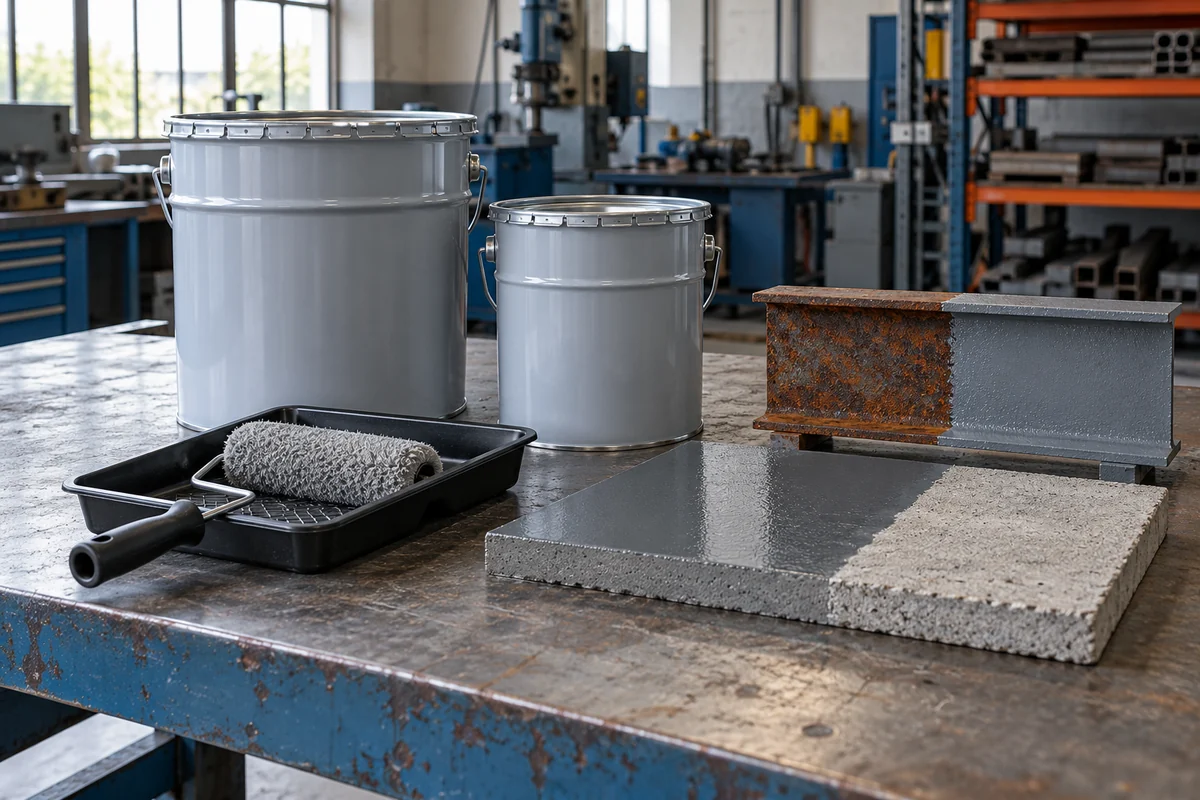 Coating pails roller and epoxy coated concrete and steel samples