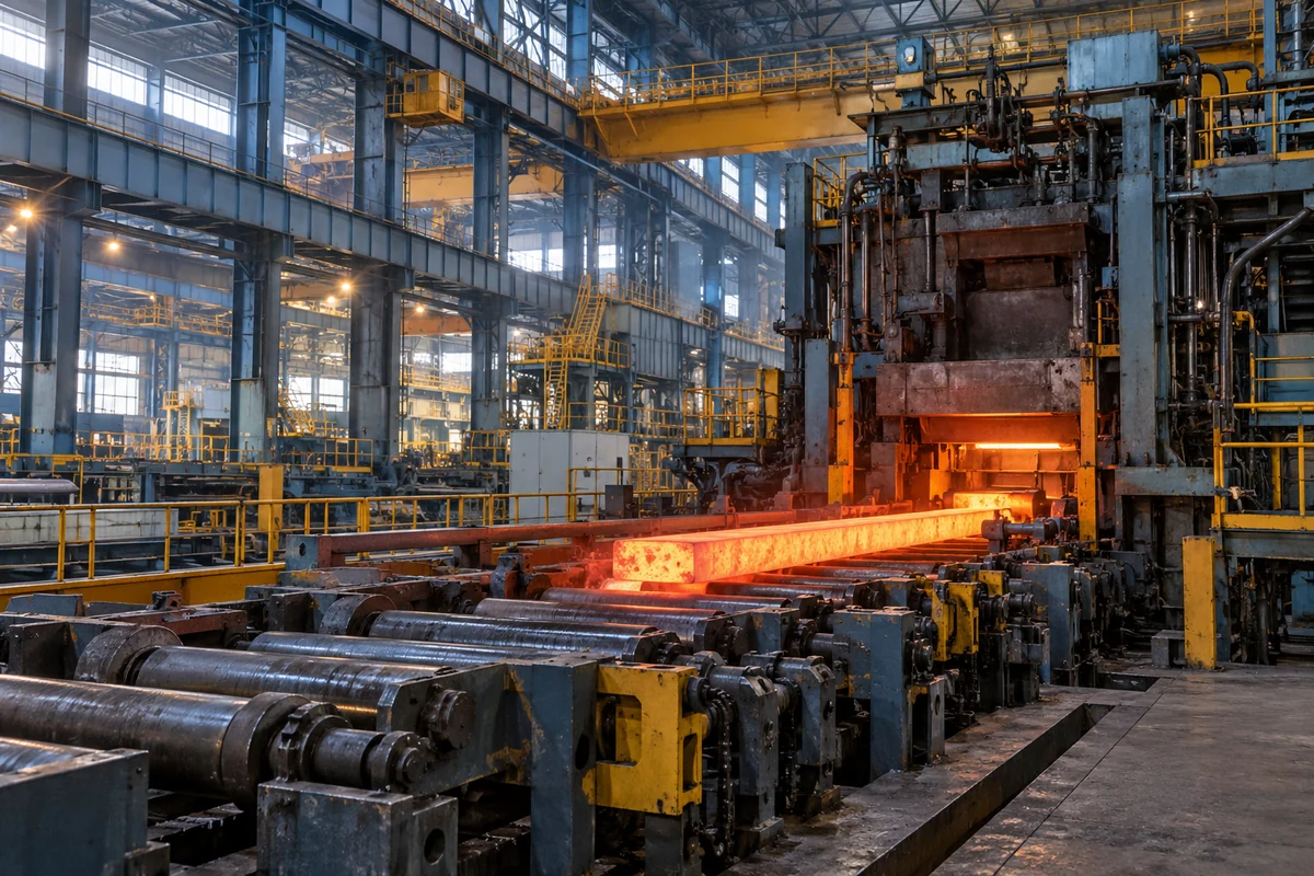 Steel rolling mill with roller conveyor and heated steel billet
