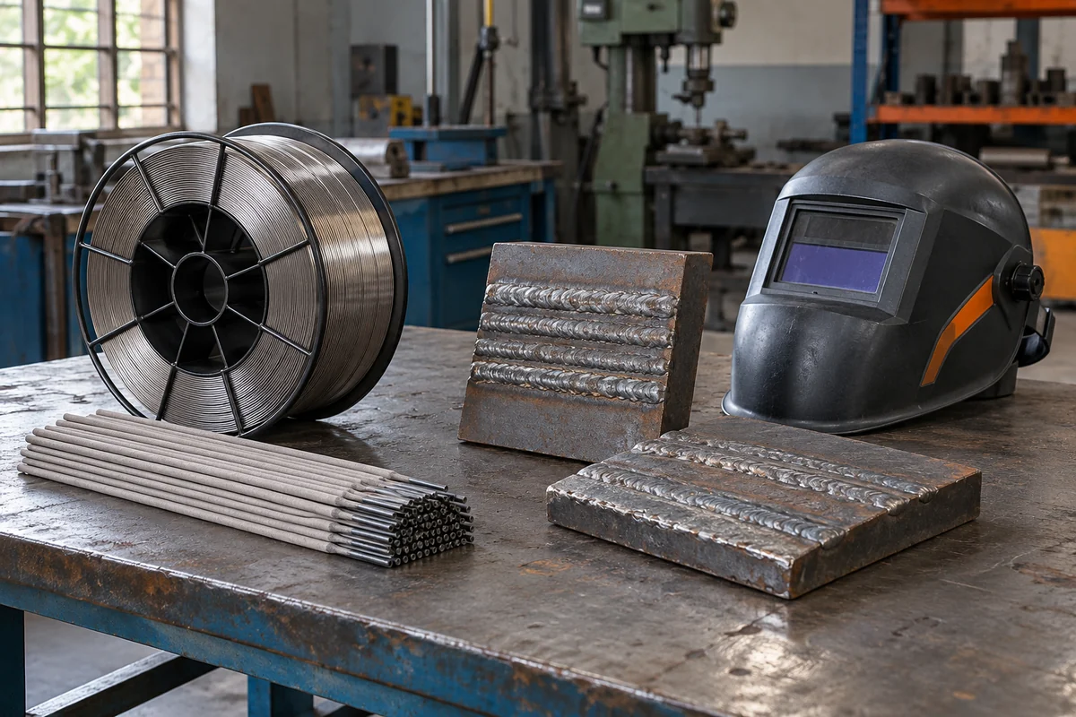 Welding wire electrodes wear plate samples and a welding helmet